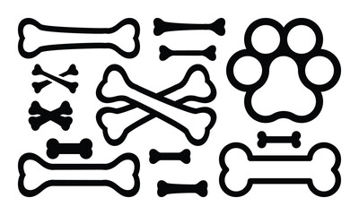 Dog Bone Outline Set with Large Paw Print Icon on White Background