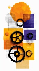 Illustration of gears and abstract shapes in orange, yellow, and purple colors on a white background, symbolizing mechanics and technology.
