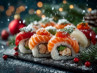 Gourmet Single Salmon Nigiri Sushi with Santa Hat Topping Served on a Dark Stone Slate for Christmas Dinner
