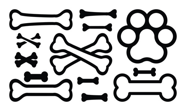 Dog Bone Outline Set with Large Paw Print Icon on White Background