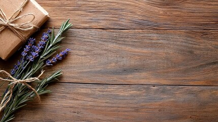A gift box tied with twine and a bouquet of lavender and rosemary are arranged on a rustic wooden table, viewed from above.