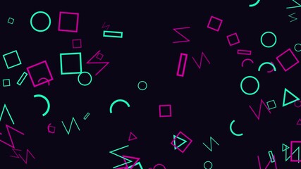 Animation of neon pink and cyan geometric shapes floating on black background. Concept of 80s retro style - Powered by Adobe