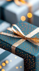 Close-up of wrapped gift boxes with gold ribbon and bokeh lights, creating a festive atmosphere. Perfect for holidays and celebrations.