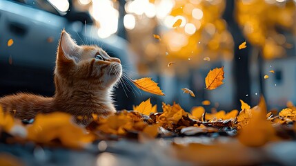 A ginger kitten looks up at falling autumn leaves outdoors. The scene is bathed in soft, natural light, creating a warm and inviting atmosphere.