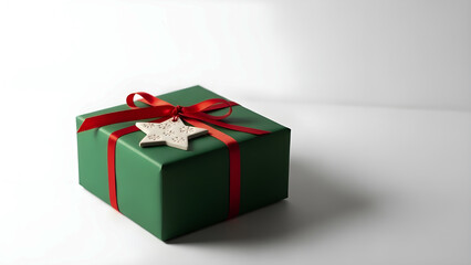 red gift box with ribbon, Elegant Green Gift Box With Gold Ribbon and Festive Holly For Christmas Celebration