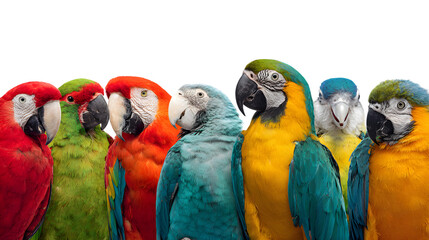A flock of vibrant parrots imitating human speech in a tropical forest, a surprising and rarely heard interaction with nature, isolated on a Transparent background