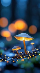 Two glowing mushrooms with bokeh lights in a forest at night. Magical and whimsical scene.