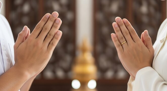 Close-up of two people showing respect with the traditional Thai wai greeting, hands pressed together in prayer at a Buddhist temple