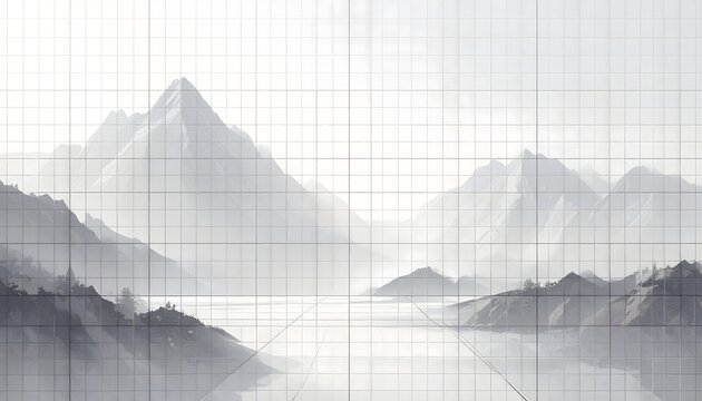 Minimal monochrome mountain landscape with misty layers and grid overlay for design or background use.