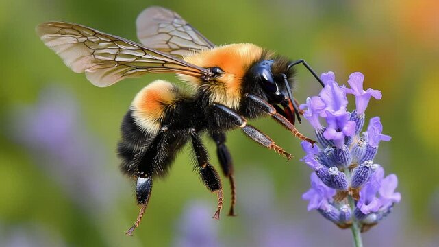 Close-up Encounter of Bee Engaged in Nectar Collection from Lavender Flower in Summer Time