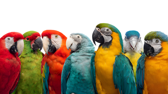 A flock of vibrant parrots imitating human speech in a tropical forest, a surprising and rarely heard interaction with nature, isolated on a Transparent background