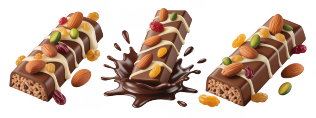 Chocolate bar with nuts and dried fruit drizzled with white chocolate isolated on a transparent background