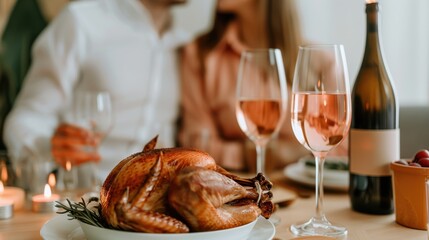 Festive holiday dinner with roasted turkey, rosé wine, and a romantic couple celebrating a special occasion