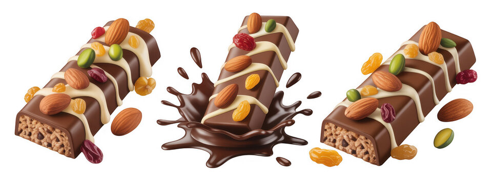 Chocolate bar with nuts and dried fruit drizzled with white chocolate isolated on a transparent background