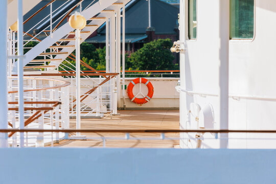 Red Life Preserver on a Cruise Ship Deck.