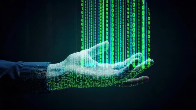 Digital hands with falling binary code, symbolizing control and mastery over the digital realm, in