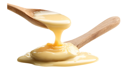 Sweetened condensed milk pouring from a wooden spoon onto another spoon