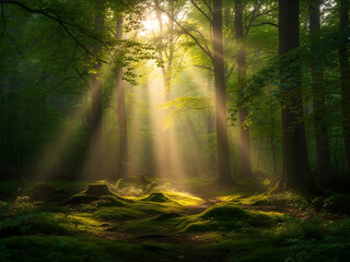 Obraz premium Magical sunbeams piercing through the dense canopy of an ancient, mossy forest, illuminating the enchanting morning mist