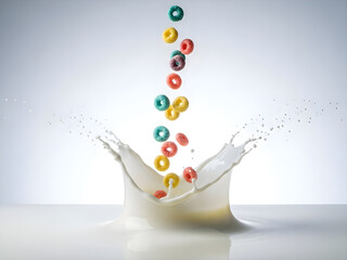 Vibrant colorful cereal rings creating an energetic splash as they fall into fresh white milk, capturing dynamic motion for a playful breakfast scene