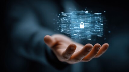 Digital data security concept with lock symbol and hand protecting network data on blue background