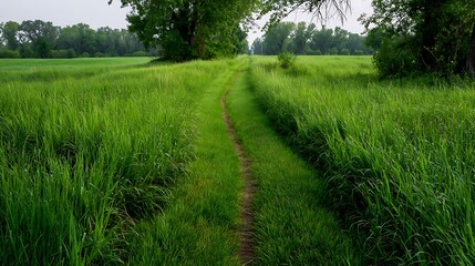 Fototapeta premium Green Meadow Path Leading to the Horizon Under a Bright Sky.