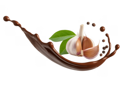 Chocolate splash with garlic cloves and peppercorns isolated on a transparent background