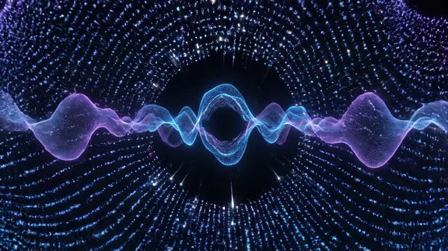 Seamless loop of vibrant blue and purple energy waves resonating outward across a deep black void demonstrating harmonic frequency and data transmission seamless loop, resonating outward, healing