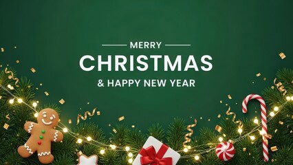 A festive green background with "Merry Christmas & Happy New Year" text, adorned with gingerbread man, gift, candy cane, and string lights.