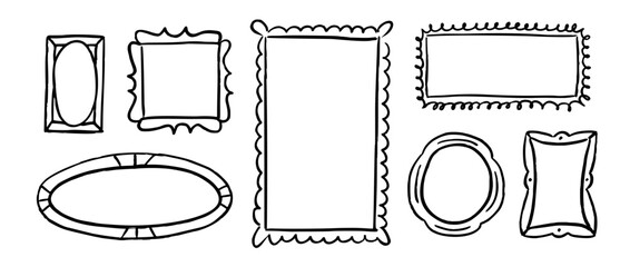 Doodled picture frame gallery collection. Hand drawn photo and image border set. Sketched mood board collage template. Memory wall composition idea. 7 scribbled art frame layout arrangement. Vector