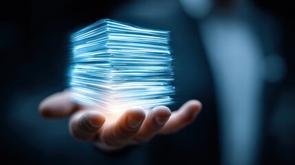 Conceptual image of a person holding a stack of glowing digital information