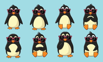 Cool penguin cartoon, vector penguin character, funny penguins with sunglasses, adorable arctic bird, kids animal illustration, tropical themed clipart, cute penguin design, summer vibe