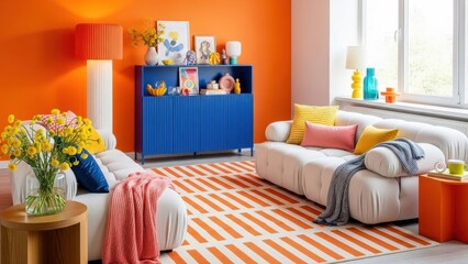 Eclectic Orange Living Room with Patterned Rug