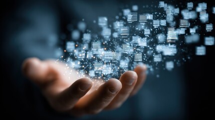 Conceptual representation of data and information flowing from human hand with digital particles