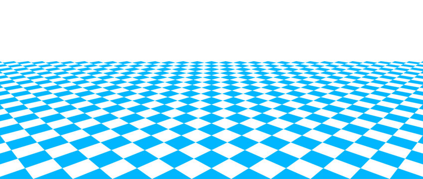 Fototapeta Blue checkerboard floor in perspective. Pool checkered tile pattern background. Retro horizontal chess board grid plane surface. Vintage empty bath room checker stage. Vector kitchen floor