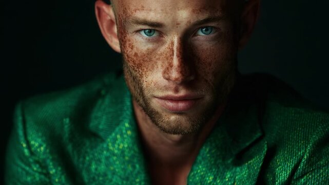 A captivating portrait showcasing a model with striking green attire, engaging blue eyes, and a unique freckled complexion, set against a dark backdrop, evoking depth and intrigue.