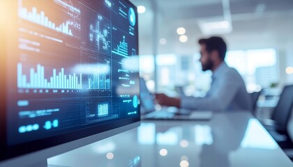 Businessman Analyzing Data on Large Holographic Screen