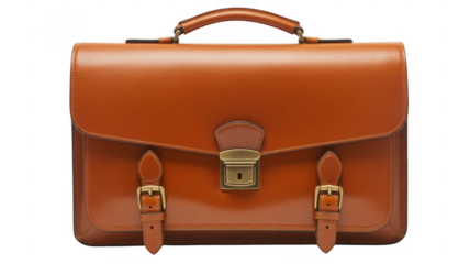 Classic brown leather briefcase with brass buckle and strap closure isolated on a transparent background