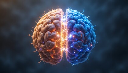 Digital visualization of human brain hemispheres with glowing neural connections illustrating