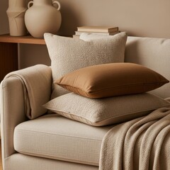 Cozy Sofa with Beige and Brown Pillows
