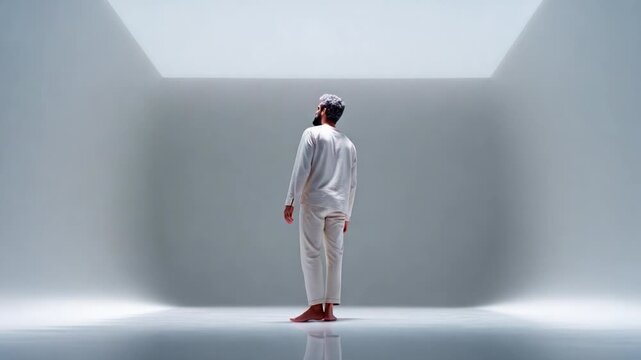 A solitary figure stands in a minimalistic, illuminated space, gazing thoughtfully toward a beam of light, embodying themes of introspection and existential exploration.