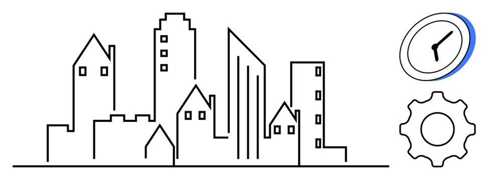 Outline of skyscrapers and buildings represents urban growth and structure. Clock highlights time management while gear denotes efficiency. Ideal for city planning, architecture, innovation