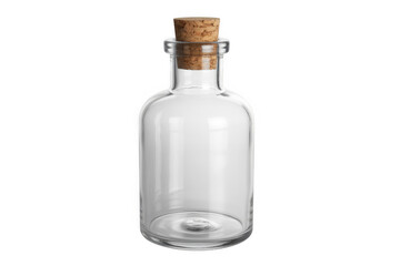 Clear glass bottle with cork stopper and rounded body isolated on a transparent background 1