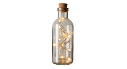Clear glass bottle with cork stopper filled with glowing warm white L E D string lights isolated on a transparent background