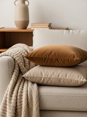 Cozy Sofa with Beige and Brown Pillows