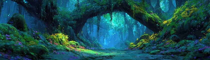 Magical forest cave with glowing vines concept. A serene forest pathway illuminated by vibrant green plants.