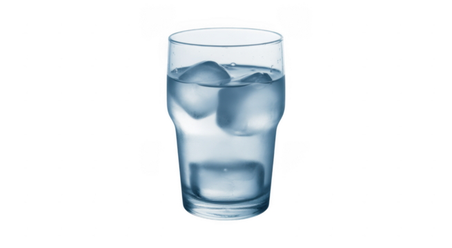 Clear glass filled with cold water and ice cubes isolated on a transparent background