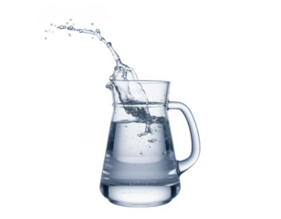 Clear glass pitcher with water splashing upwards and droplets isolated on a transparent background