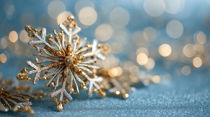 Festive golden holiday decoration on a blurred blue background creating an abstract celebratory atmosphere. High quality