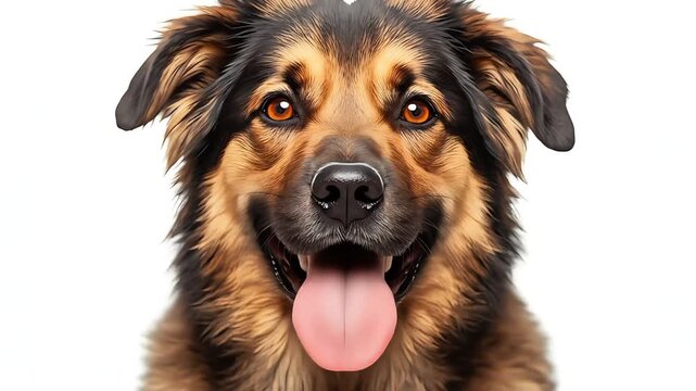 Close-up of a happy tan-and-black dog with soulful amber eyes, a moist nose, and pink tongue, smiling
