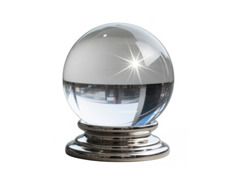 Clear glass sphere reflecting a street scene with buildings and a bright starburst light isolated on a transparent background - Powered by Adobe